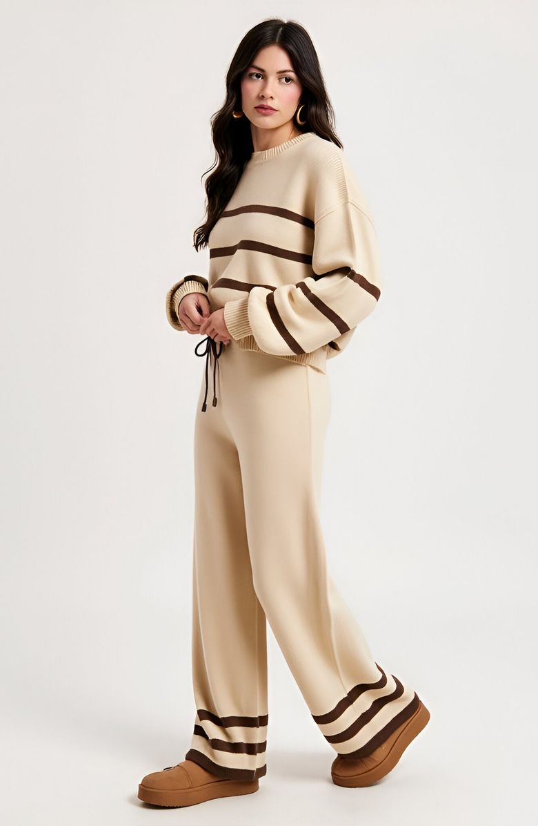 Modenaire Cozy Striped Sweater and Wide-Leg Pants Lounge Set, Alternate, color, 