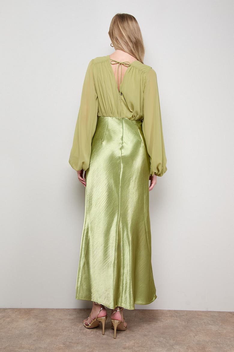 Satin Chiffon Mix V Neck Midaxi Dress, Alternate, color, Olive