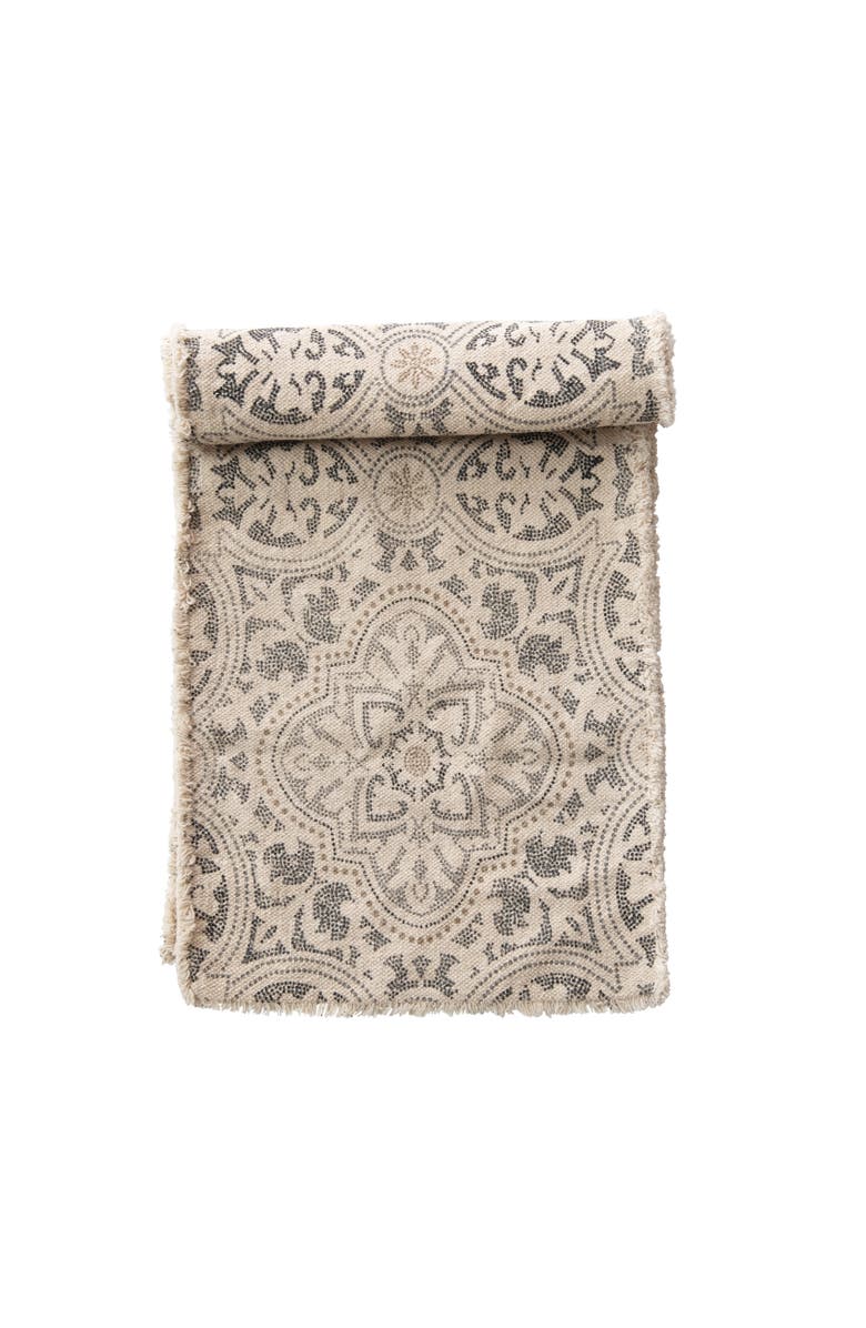 Storied Home Grey and Cream Cotton Printed Table Runner with Frayed Edge, Main, color, Grey