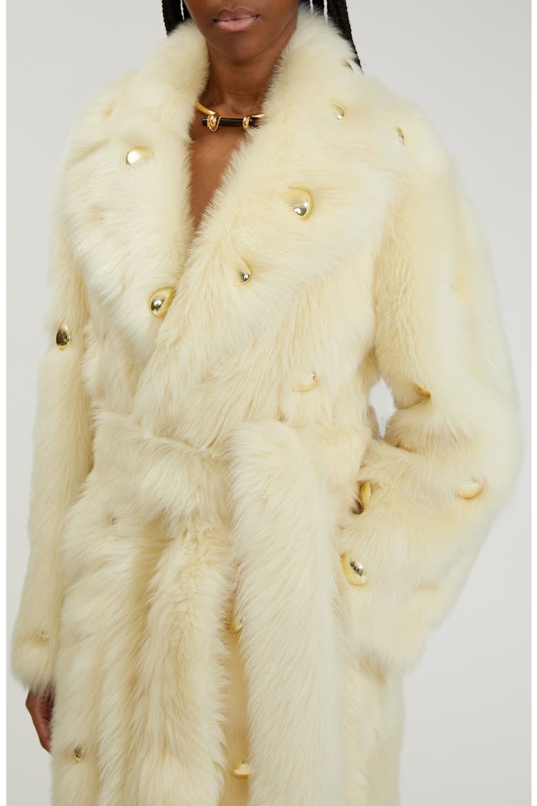 Studded Genuine Shearling Wrap Coat, Alternate, color, CAMOMILE