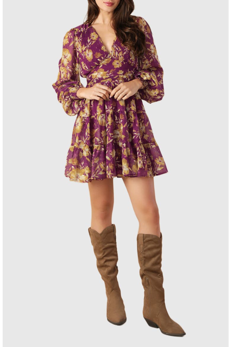 Floral Print Tiered Long Sleeve Minidress, Main, color, BERRY