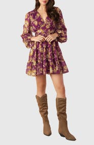 FLYING TOMATO Floral Print Tiered Long Sleeve Minidress
