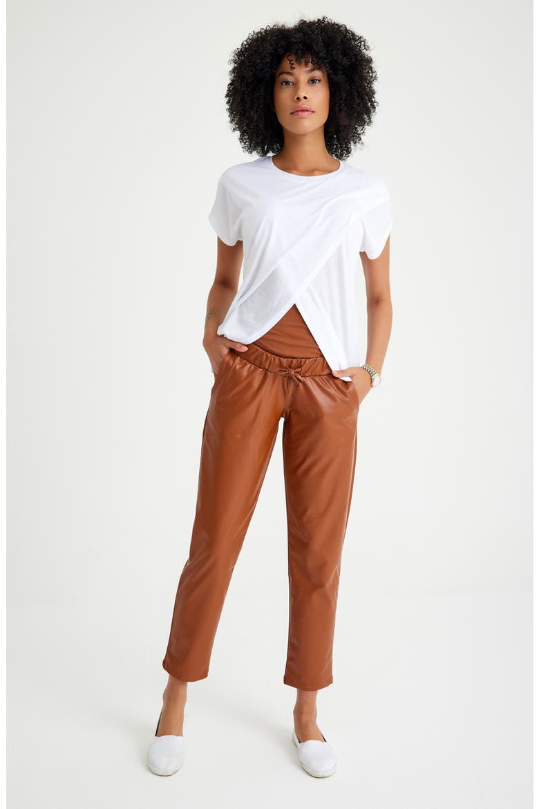 Comfy Cool Foldover Waistband Faux Leather Jogger Pants, Alternate, color, TOFFEE