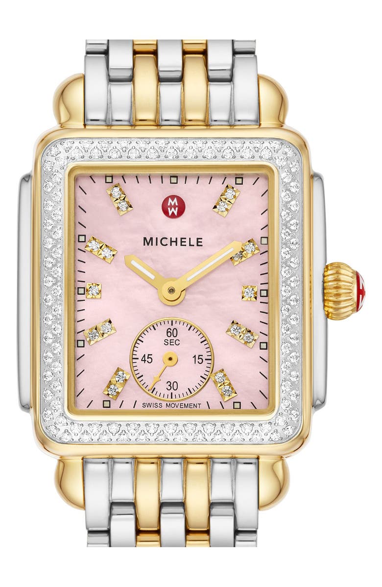 MICHELE Deco Mid Diamond Two-Tone Bracelet Watch, 29mm x 31mm, Alternate, color, 