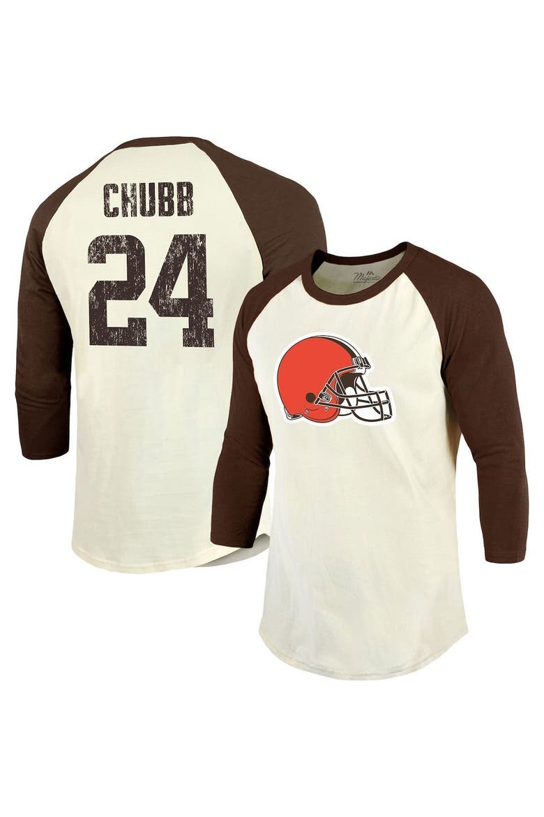 Men's Majestic Threads Nick Chubb Cream/Brown Cleveland Browns Vintage Player Name & Number 3/4-Sleeve Fitted T-Shirt, Alternate, color, Cream