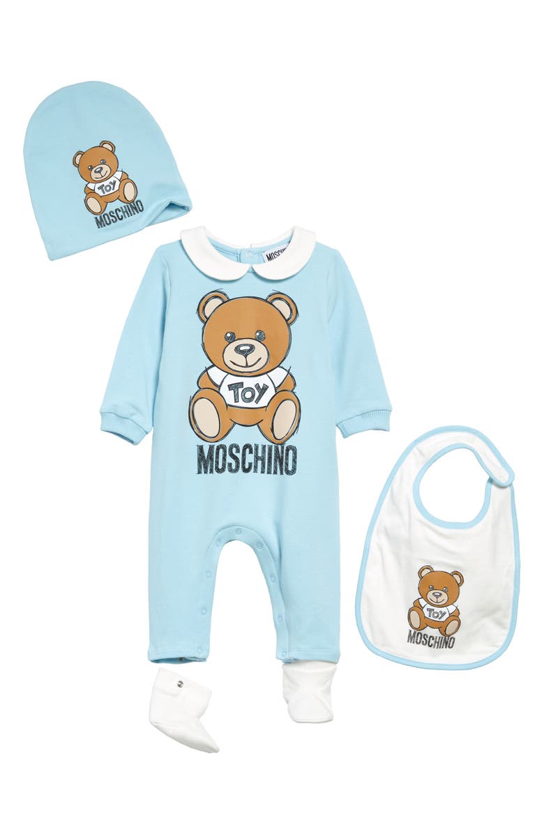 Moschino Toy Bear Graphic Romper, Socks, Cap & Bib Set, Main, color,
