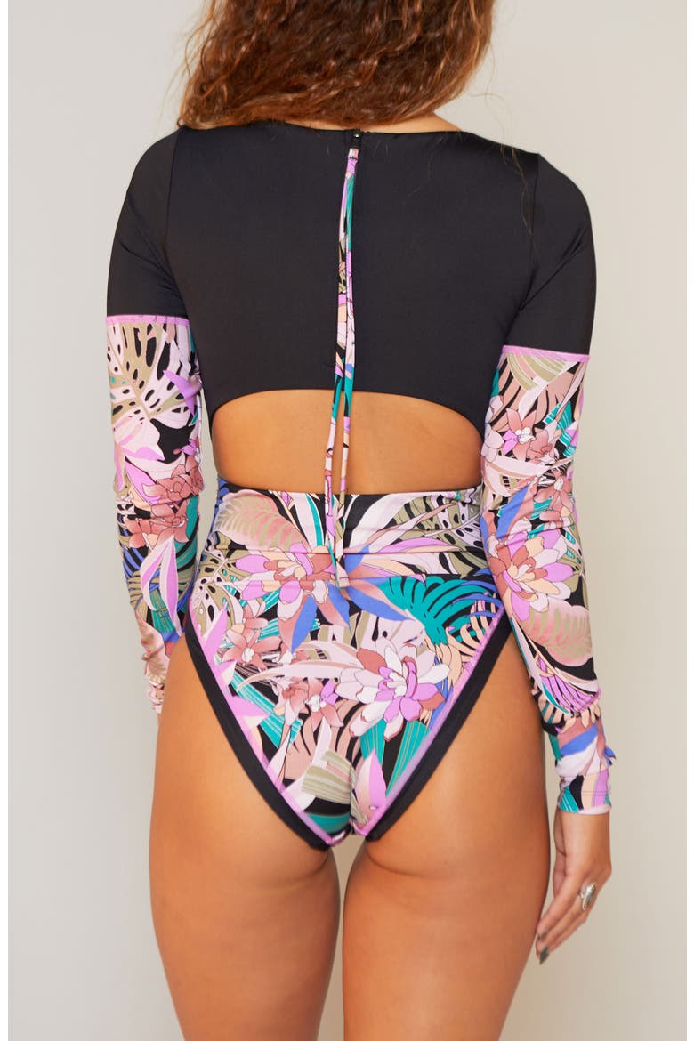 Palm Paradise Long Sleeve One-Piece Swimsuit, Alternate, color, BLACK MULTI