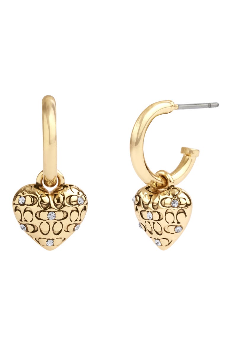 Quilted C Crystal Heart Charm Huggie Earrings, Main, color, CRYSTAL/ GOLD