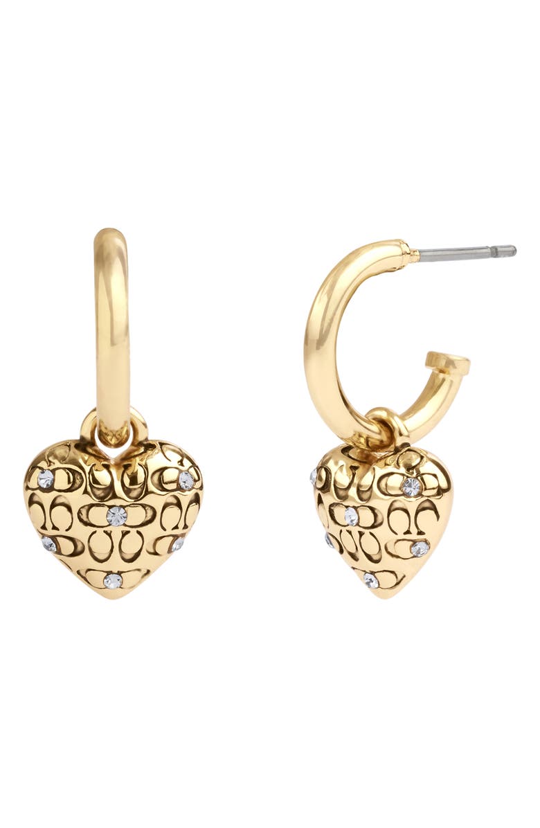 COACH Quilted C Crystal Heart Charm Huggie Earrings, Main, color, Crystal/ Gold