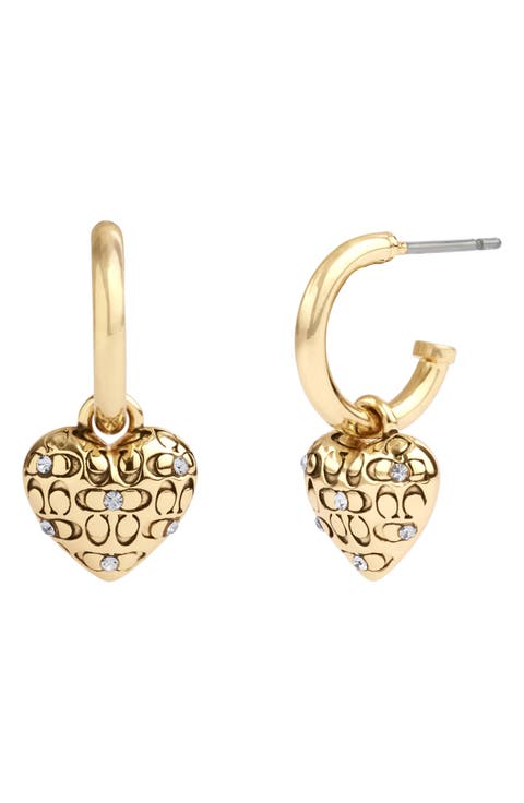 Quilted C Crystal Heart Charm Huggie Earrings