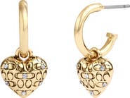 COACH Quilted C Crystal Heart Charm Huggie Earrings