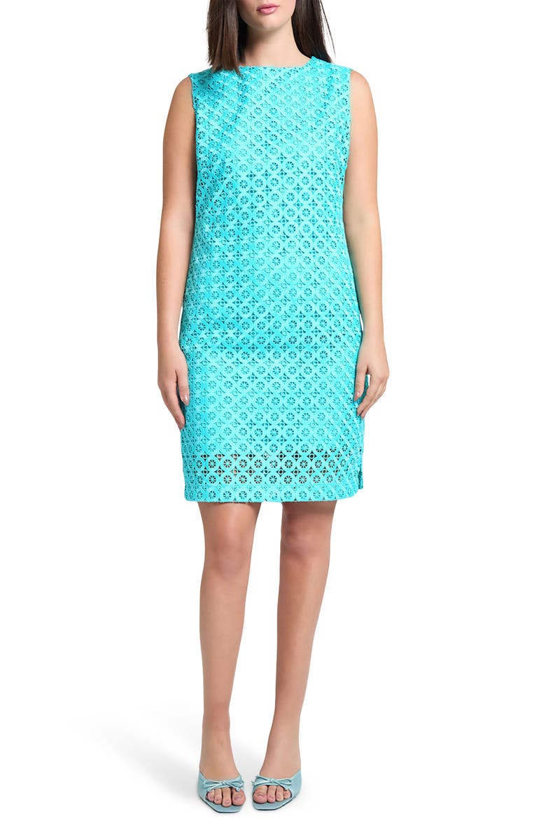 Ming Wang Geometric Lace Sleeveless Sheath Dress, Main, color, Calypso Blue