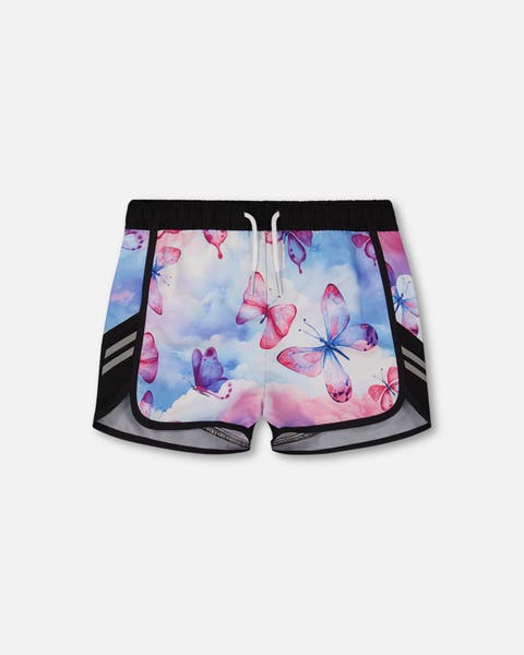 Little Girl's Printed Athletic Short Pink, Blue And Butterflies