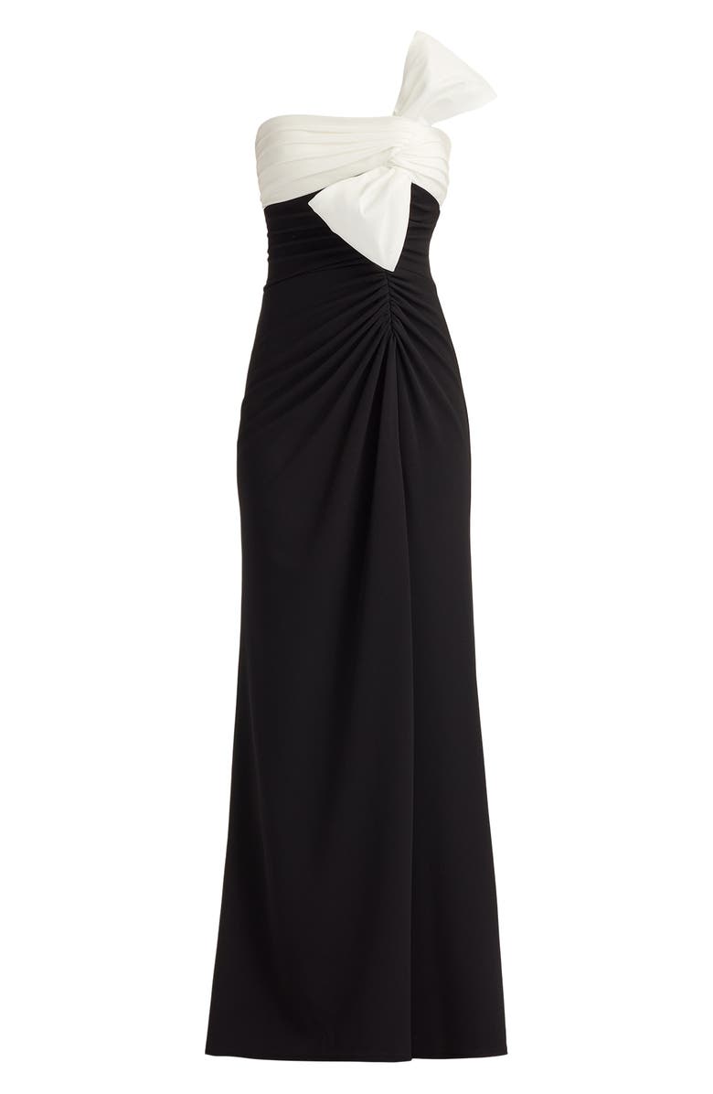 Tadashi Shoji Taffeta Bow One-Shoulder Gown, Main, color, Black/ White