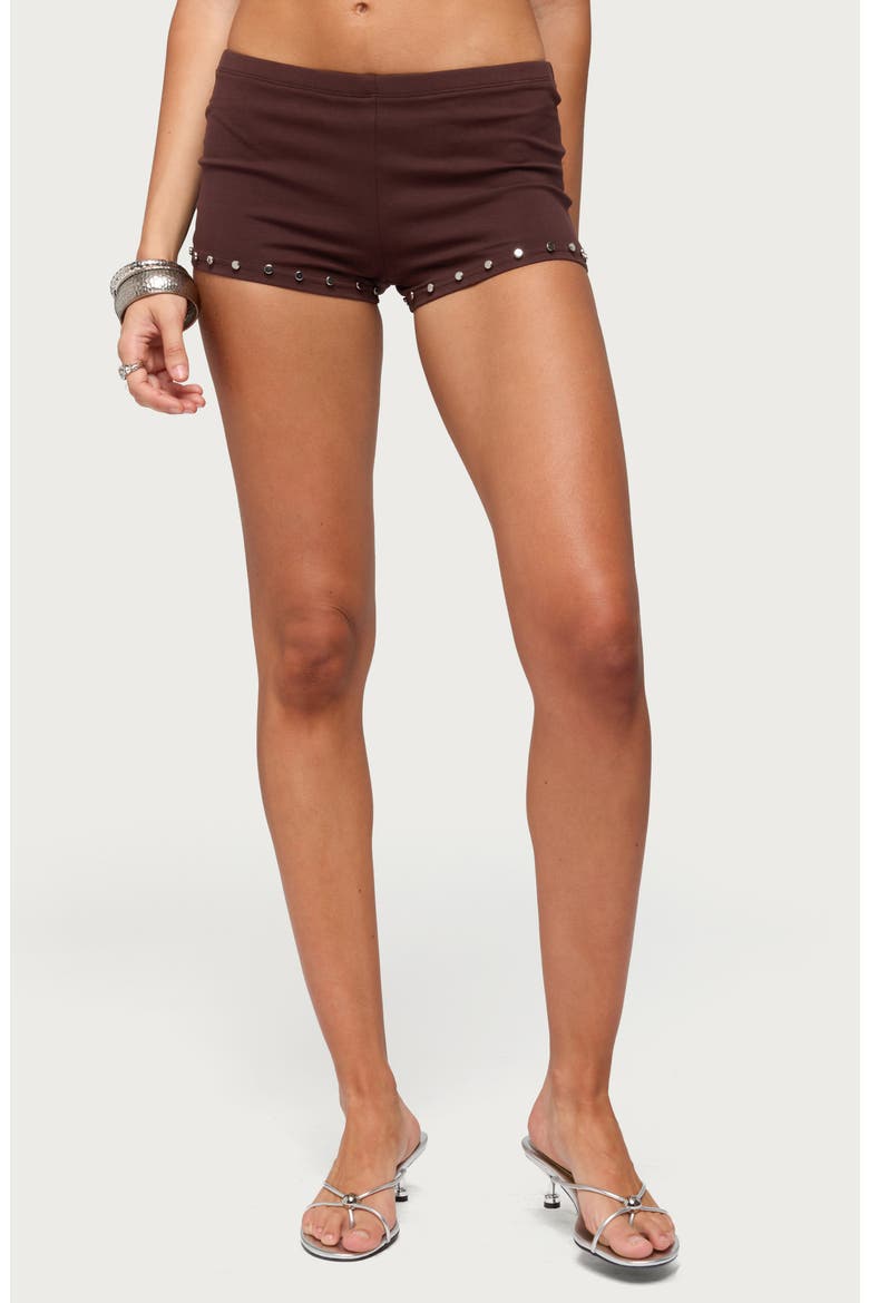 Ariadna Studded Micro Shorts, Main, color, DARK-BROWN
