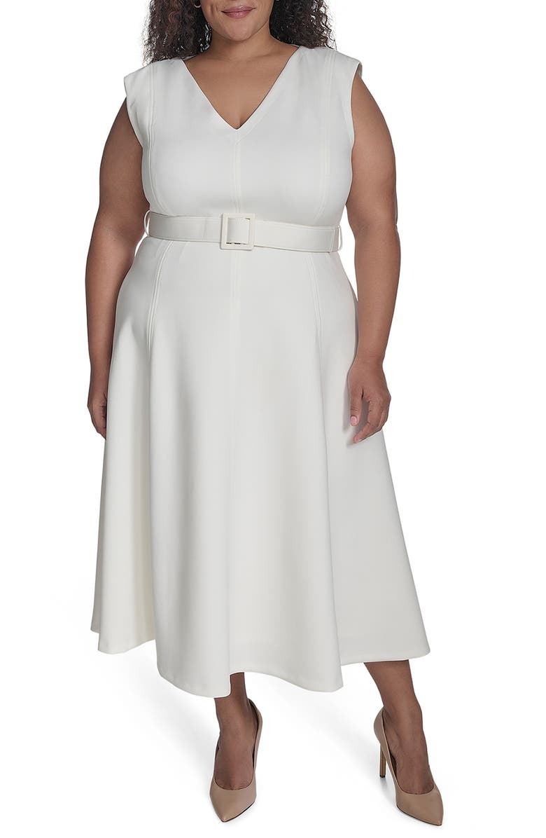 Calvin Klein V-Neck Belted Midi Dress, Main, color, Cream
