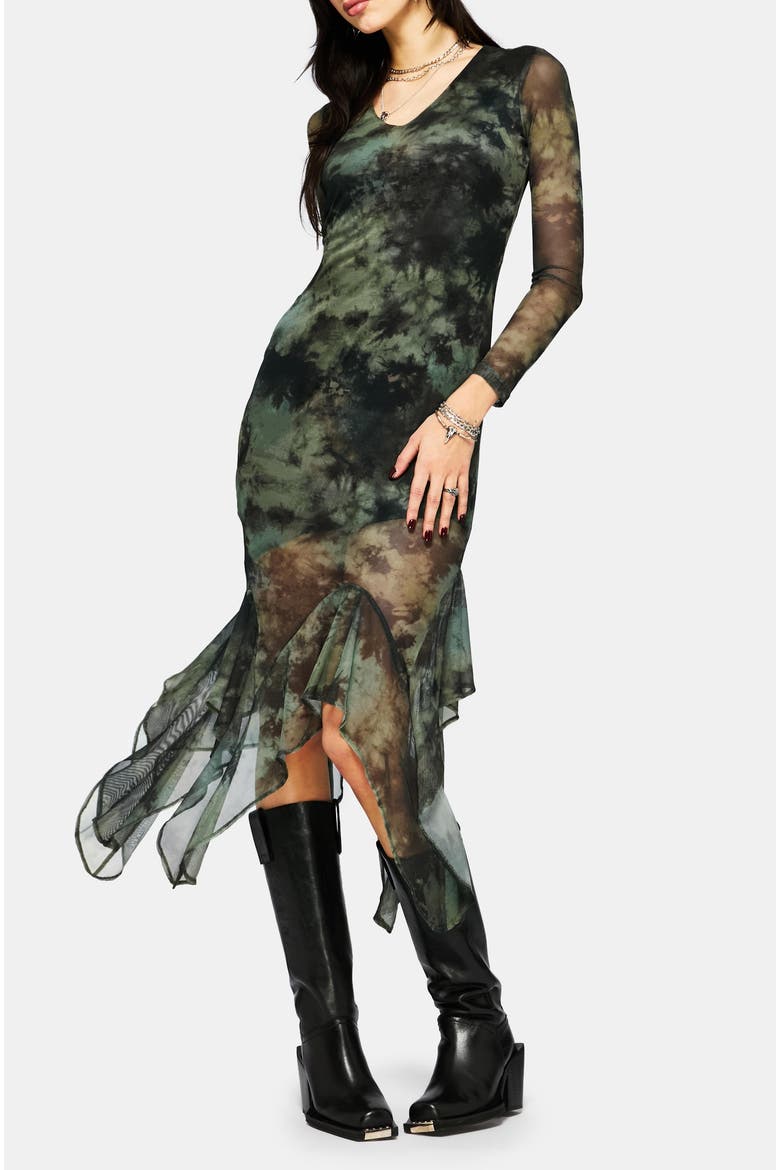 Nova Mesh Long Sleeve Tie Dye Maxi Dress, Alternate, color, Green