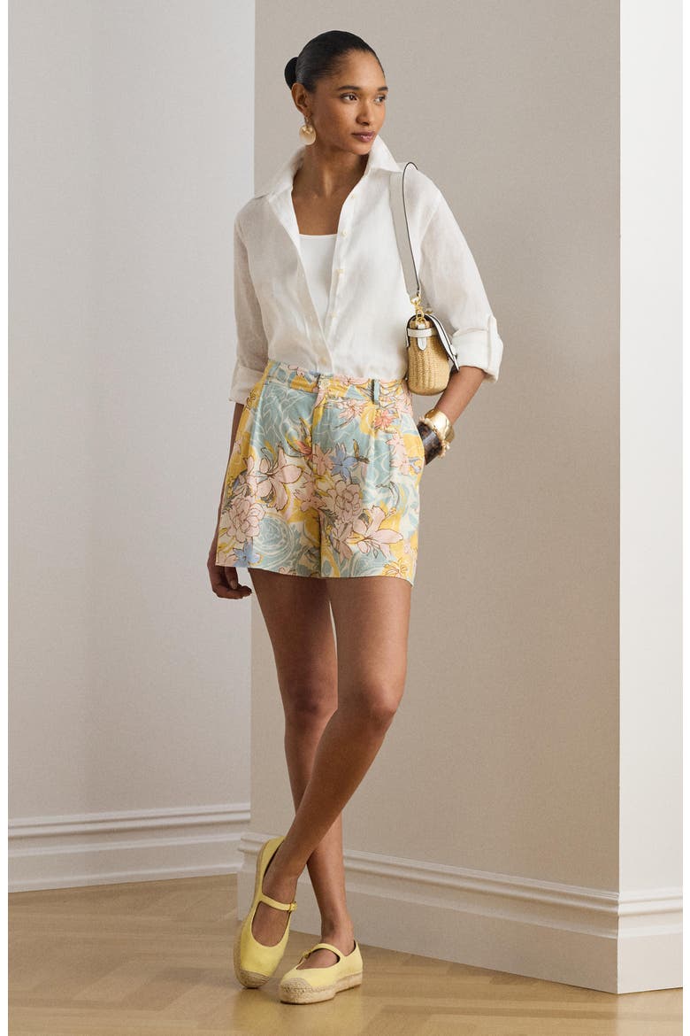 Floral Pleated Linen Short, Alternate, color, CREAM/ BLUE MULTI