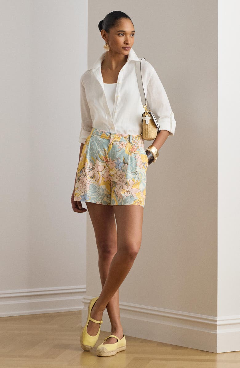 Lauren Ralph Lauren Floral Pleated Linen Short, Alternate, color, Cream/ Blue Multi