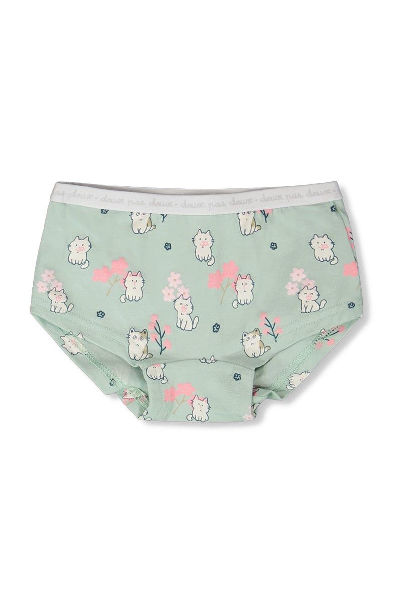 Deux par Deux Organic Cotton Kitten Boyshort Panty, Main, color, Green Kitten Print