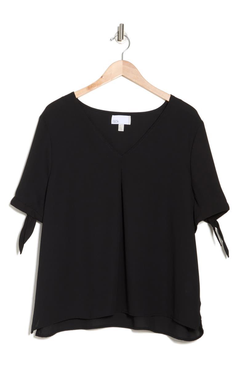 NORDSTROM RACK V-Neck Tie Short Sleeve Top, Alternate, color, Black