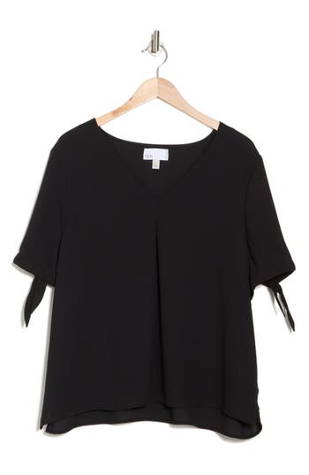 Nordstrom Rack V-neck Tie Short Sleeve Top In Black