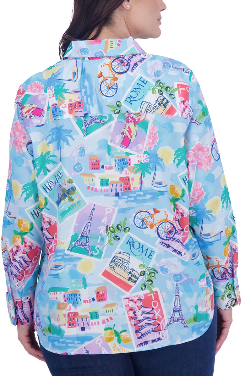 Foxcroft Meghan Travel Print Cotton Button-Up Shirt, Alternate, color, Blue Multi