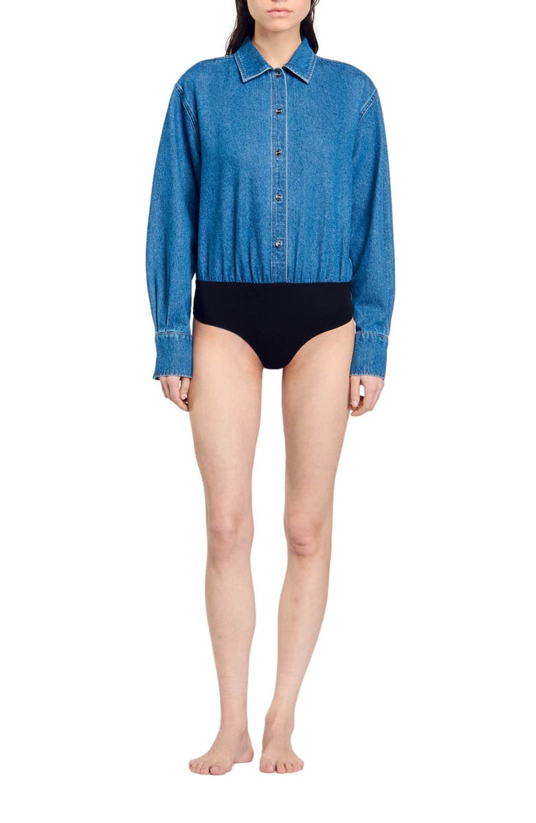 SANDRO Denim shirt bodysuit, Alternate, color, 