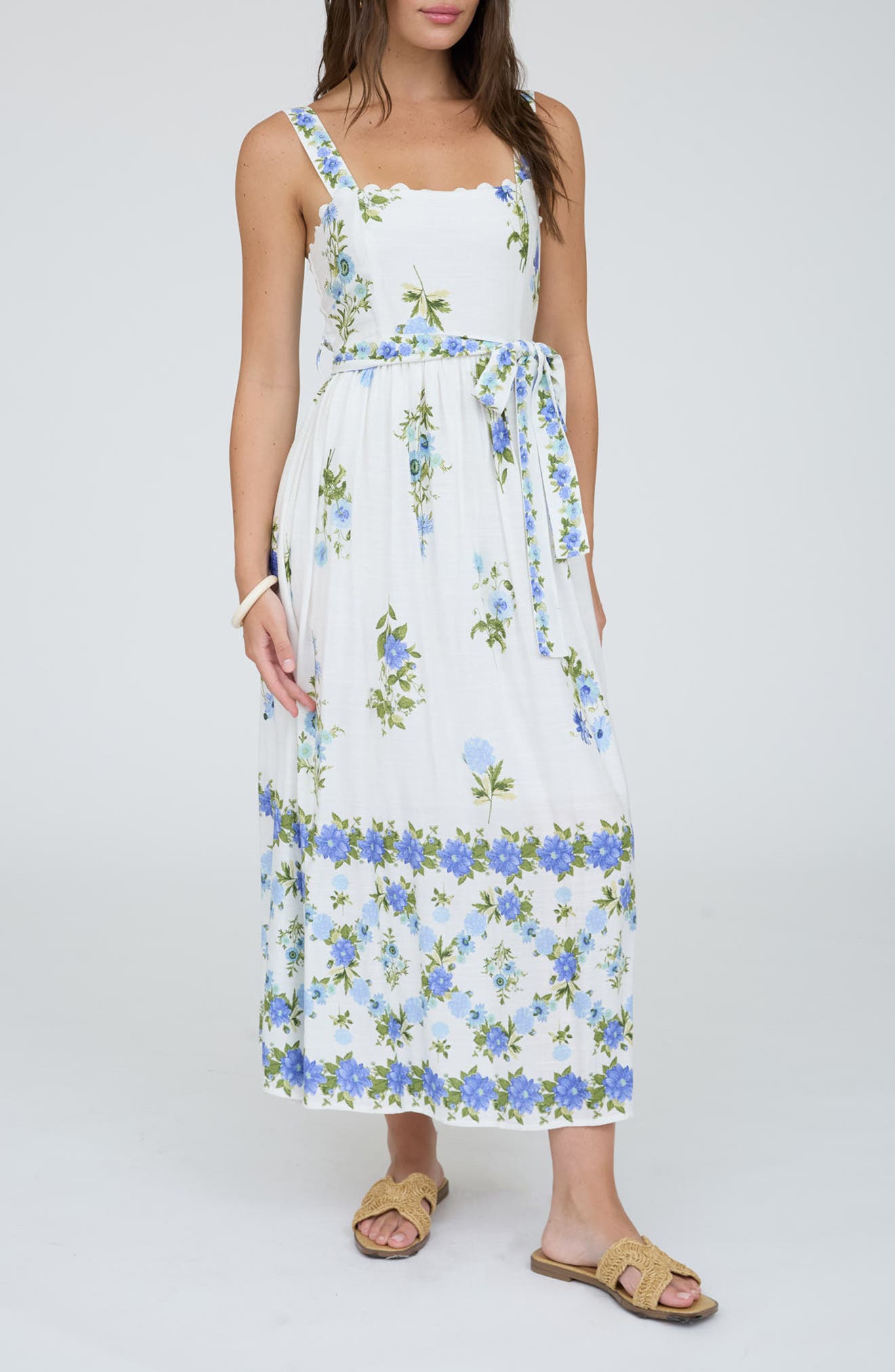 Blu Pepper Belted Floral Scallop Edge Midi Dress