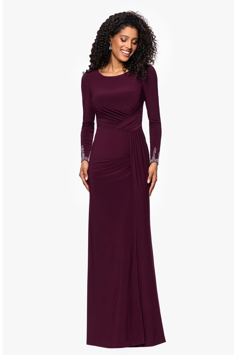 Embellished Cuff Ruched Long Sleeve Sheath Gown, Alternate, color, WINE