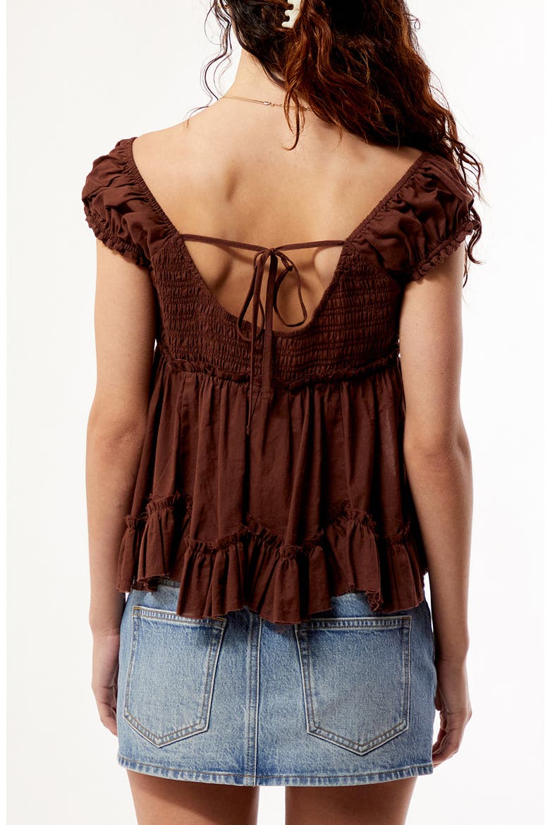 Ellie Lace Trim Embroidered Bodice Smocked Back Cotton Top, Alternate, color, BROWN