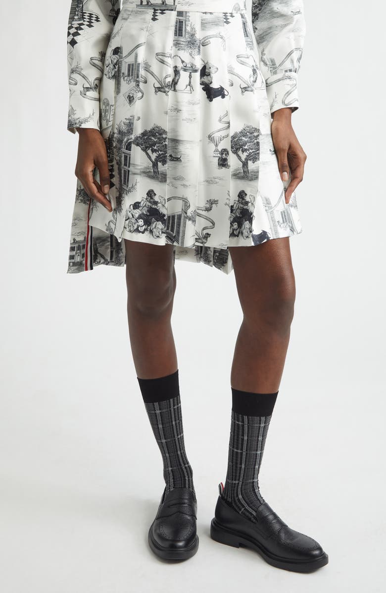 Thom Browne Hector Toile Classic Silk Pleated Skirt, Main, color, Black/ White