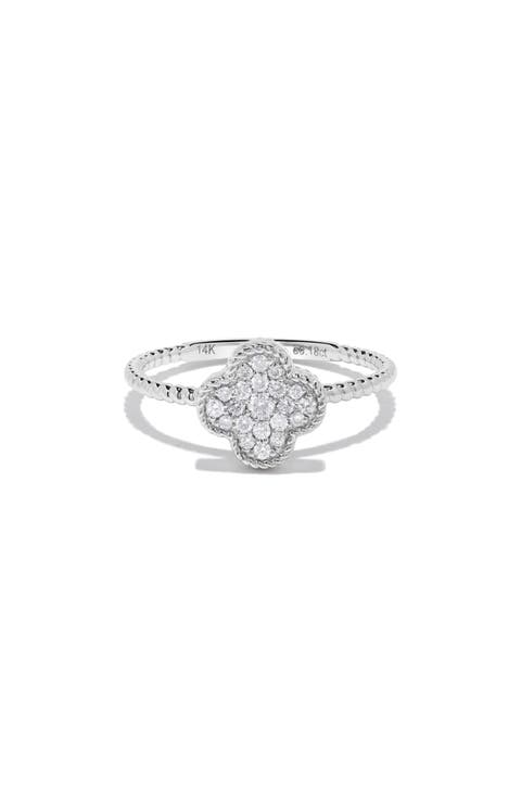 14K White Gold Pavé Diamond Clover Ring - 0.18ct.