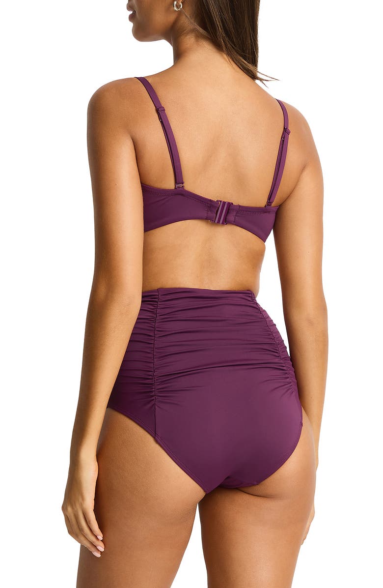 Sea Level Shirred High Waist Bikini Bottoms, Alternate, color, Claret