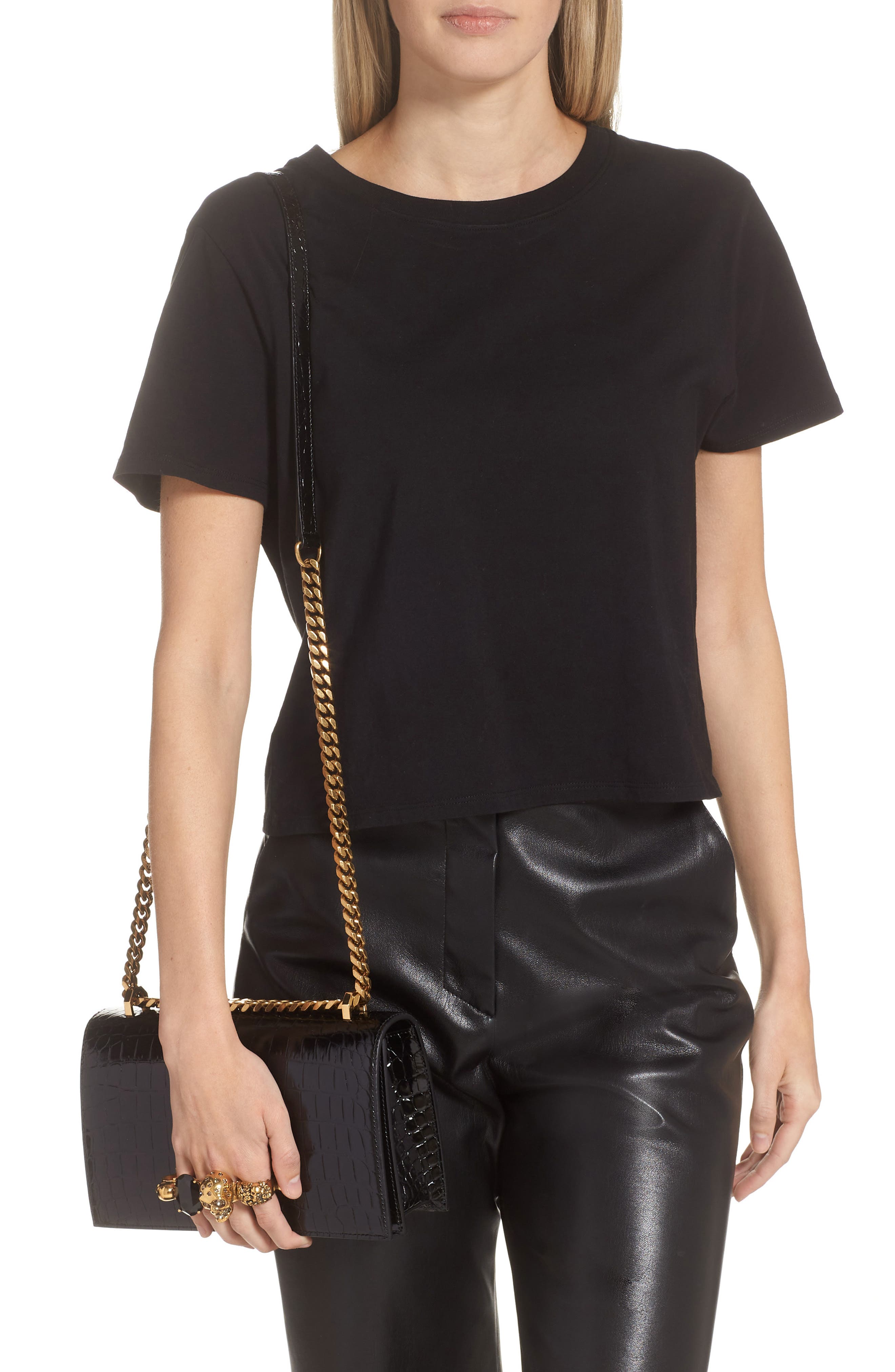Alexander McQueen Jewelled Knuckle Croc Embossed Leather Crossbody Bag, Alternate, color, BLACK