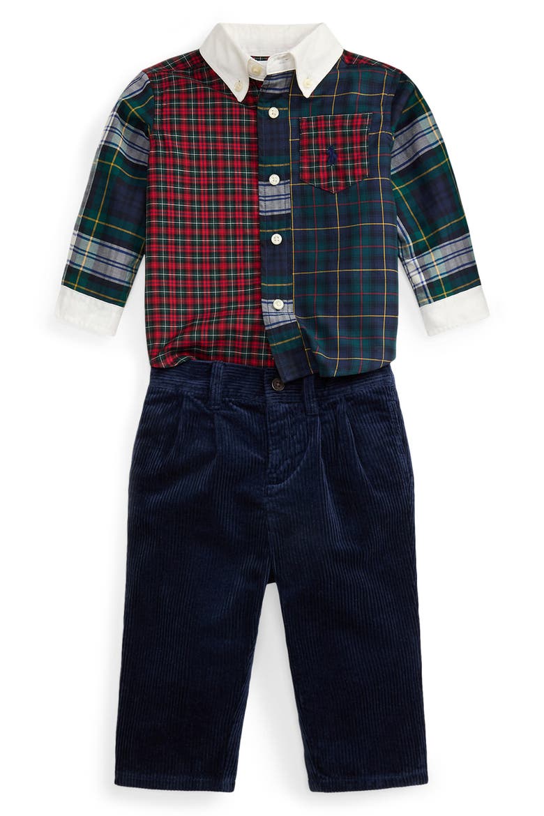 Kids' Plaid Cotton Shirt & Corduroy Pants Set, Main, color, NAVY MULTI