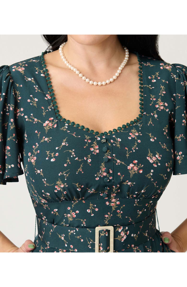 Unique Vintage Short Puff Sleeve Sweetheart Neck Godet Midi Dress, Alternate, color, Teal Floral Print