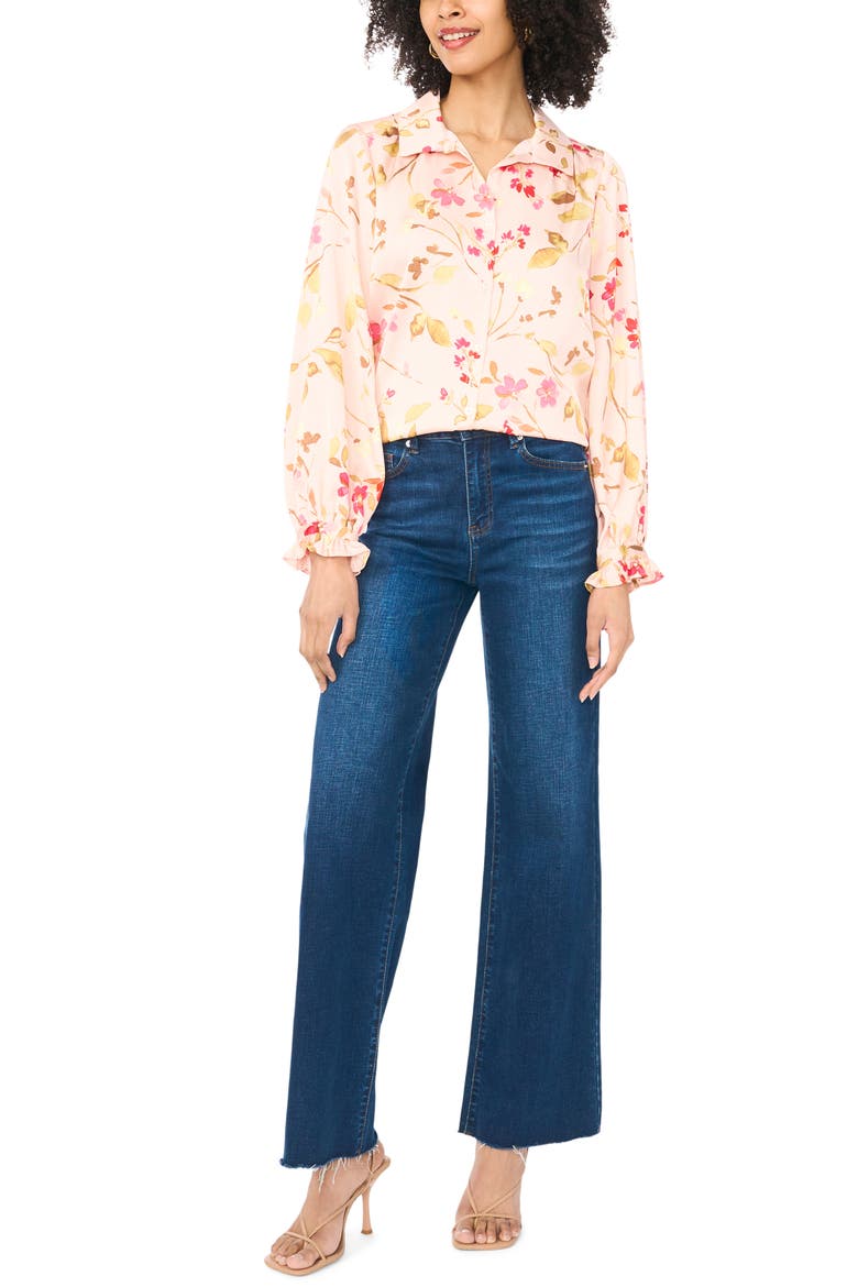 Floral Print Ruffle Trim Shirt, Alternate, color, COZY PEACH