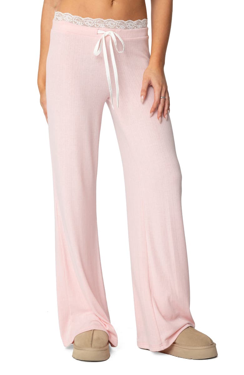 EDIKTED Peekaboo Lace Trim Knit Wide Leg Pants, Main, color, Pink
