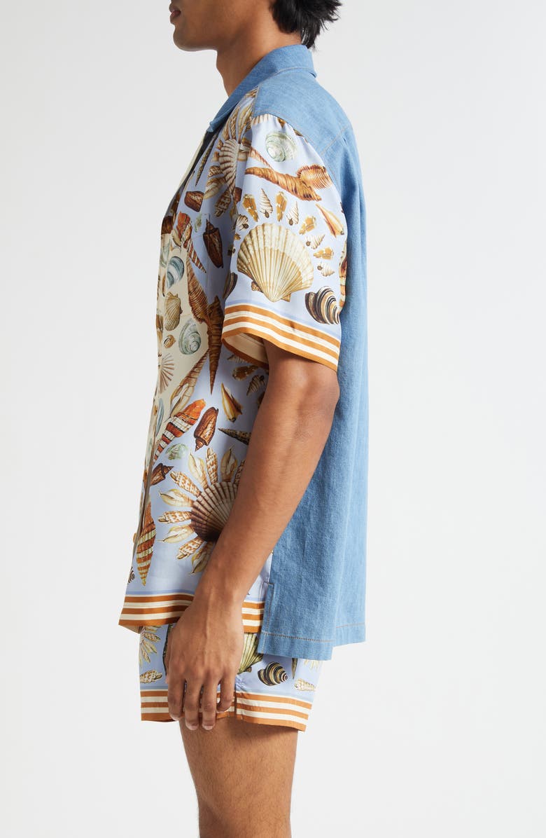 Dolce&Gabbana Seashell Print Mixed Media Camp Shirt, Alternate, color, S9001 Variante Abbinata