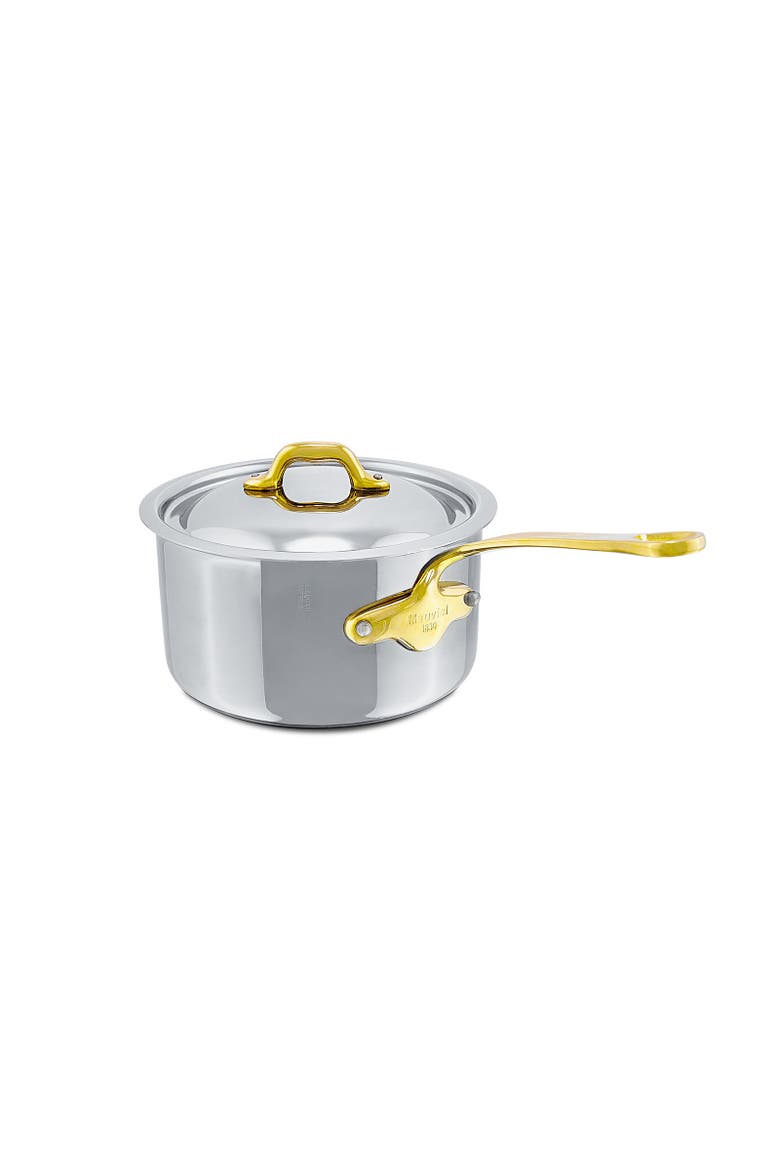 M'Cook B 5-Ply Polished Stainless Steel Sauce Pan With Lid, And Brass Handle, Alternate, color, Silver