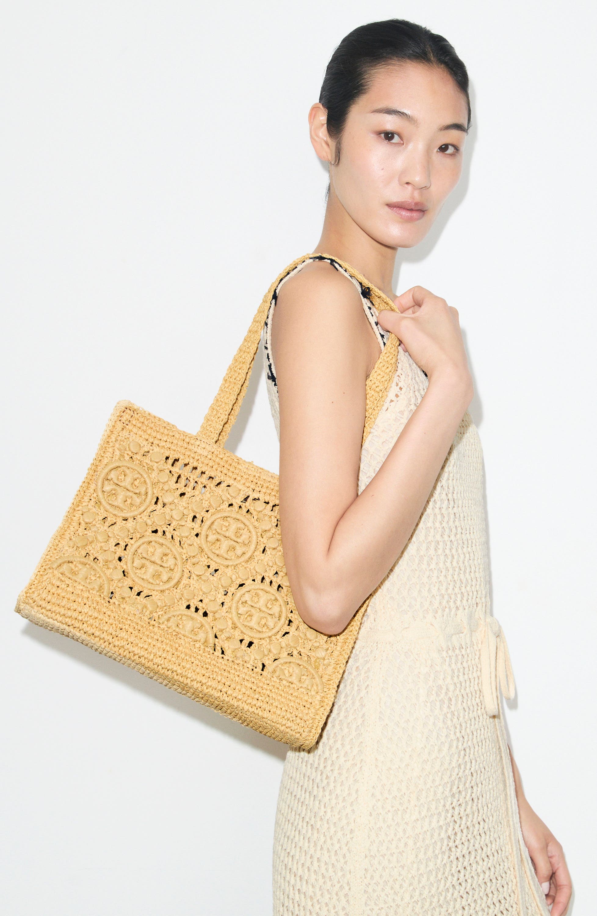 T Monogram Crochet Small Tote, Alternate, color, NATURAL