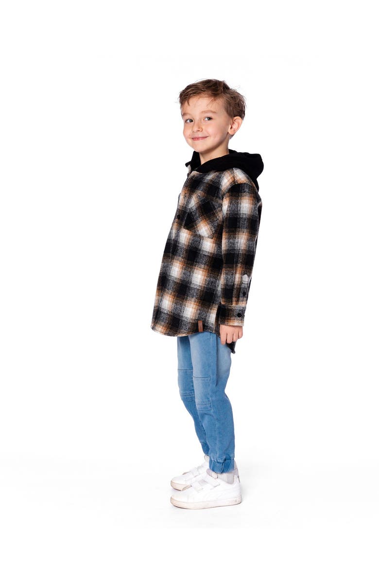 Deux par Deux Hooded Polar Fleece Overshirt with Hood, Main, color, Black And Brown Plaid