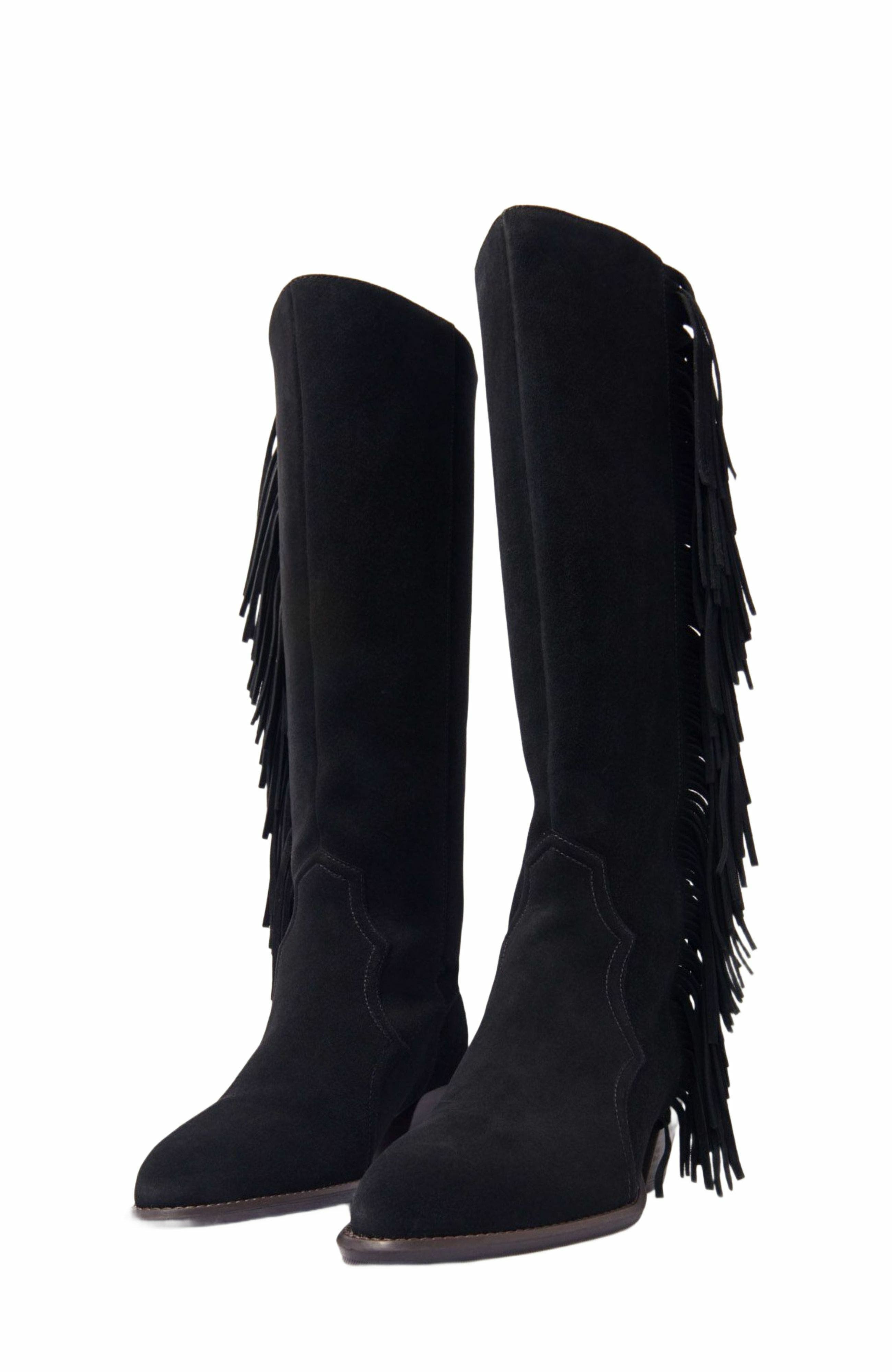 maje Fringed suede cowboy boots, Alternate, color, 