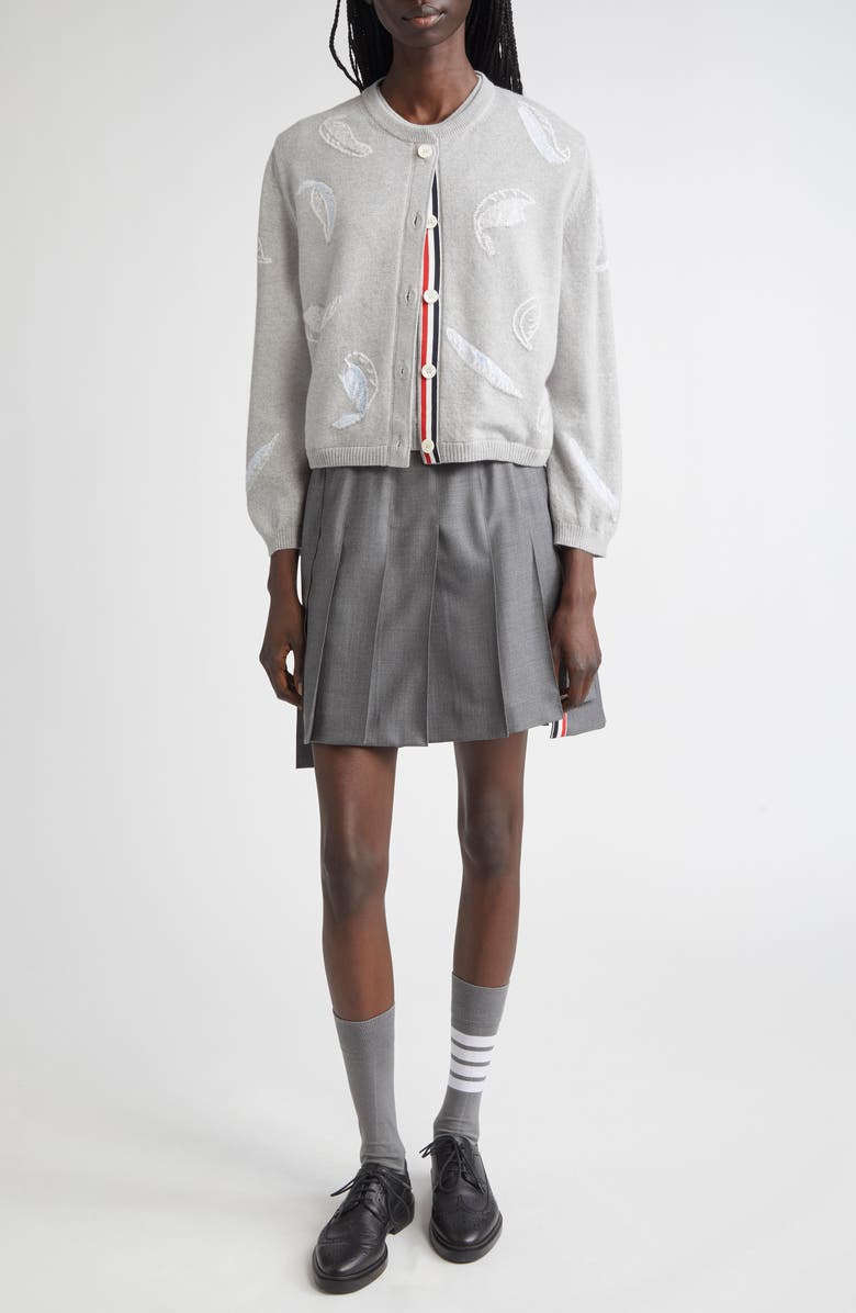 Thom Browne Feather Intarsia Cashmere Cardigan, Alternate, color, Pale Grey