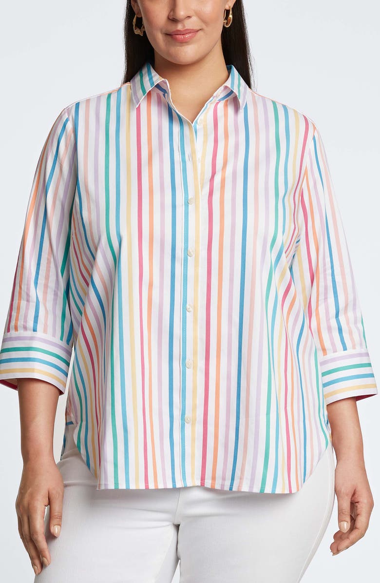 Foxcroft Meghan Rainbow Stripe Cotton Button-Up Shirt, Main, color, 