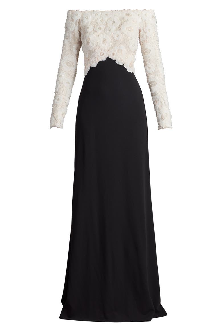 Rhinestone Floral Off the Shoulder Mixed Media Gown, Alternate, color, IVORY/ BLACK
