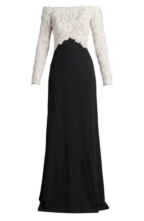 Tadashi Shoji Rhinestone Floral Off The Shoulder Mixed Media Gown In Black