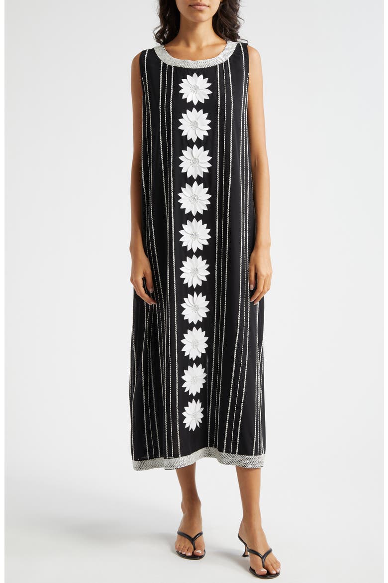 Daisy Bead Stripe Embellished Midi Dress, Main, color, BLACK WHITE
