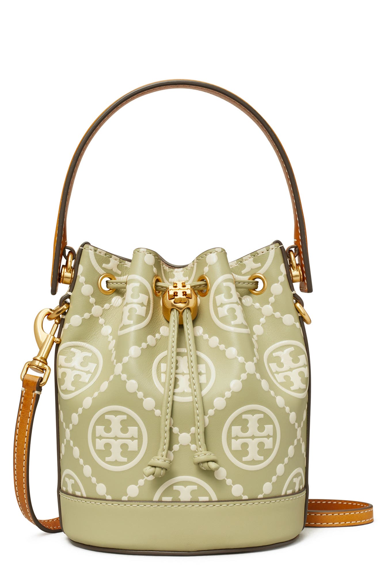 T Monogram Embossed Bucket Bag, Main, color, OLIVE SPRING